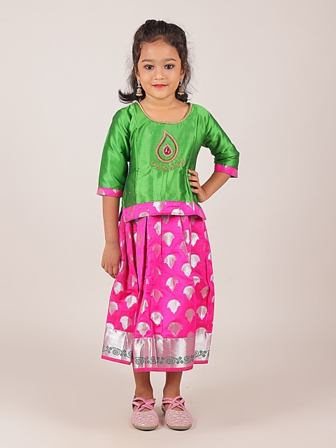 

Pothys Girls Green & Pink Embellished Beads and Stones Ready to Wear Lehenga Choli