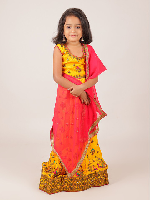 

Pothys Girls Mustard & Fuchsia Embroidered Beads and Stones Ready to Wear Lehenga & Blouse With Dupatta