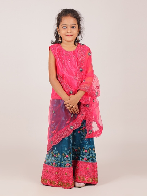 

Pothys Girls Pink & Teal Embroidered Lehenga & Blouse with Dupatta