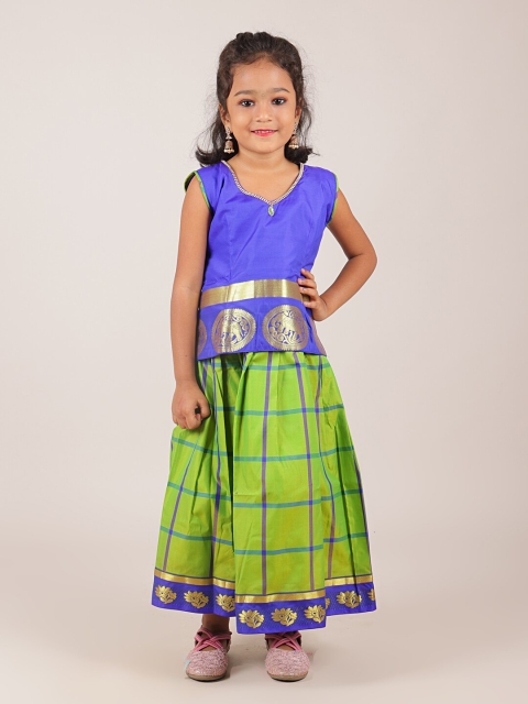 

Pothys Girls Blue & Green Woven Design Ready to Wear Lehenga Choli