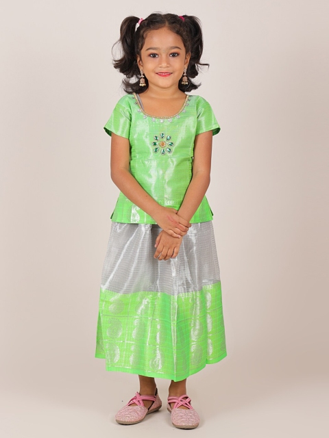

Pothys Girls Green & Silver-Toned Embellished Beads and Stones Ready to Wear Lehenga Choli