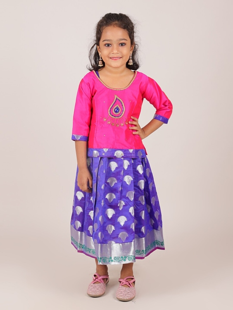 

Pothys Girls Pink & Blue Embellished Beads and Stones Ready to Wear Lehenga &