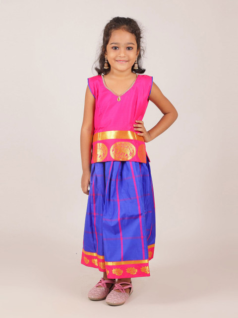 

Pothys Girls Pink & Blue Ready to Wear Lehenga Choli