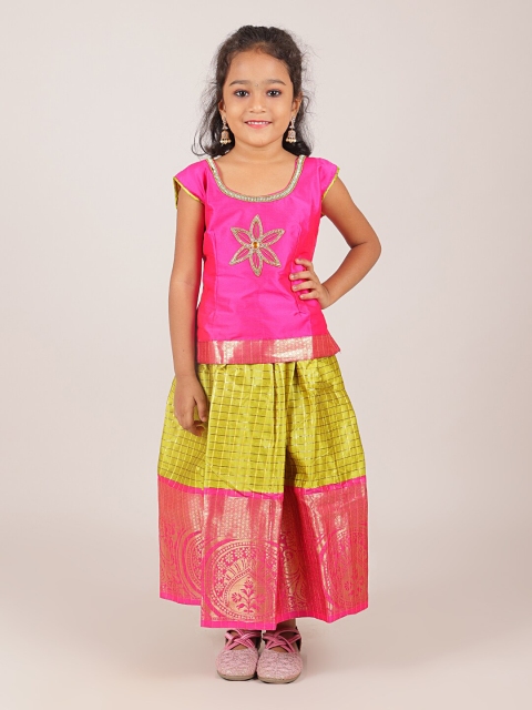 

Pothys Girls Pink & Green Embellished Beads and Stones Ready to Wear Lehenga