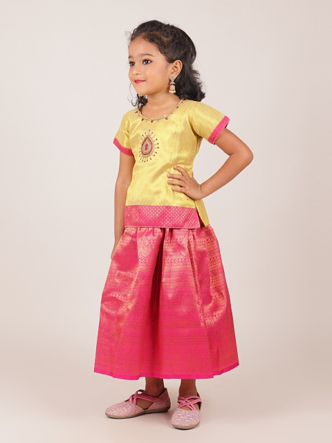 

Pothys Girls Gold-Toned & Pink Embroidered Lehenga & Blouse with Dupatta