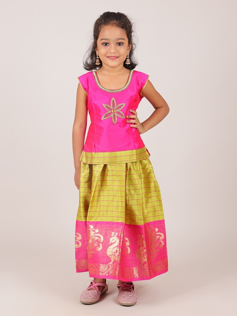 

Pothys Girls Pink & Green Embellished Beads and Stones Ready to Wear Lehenga Choli