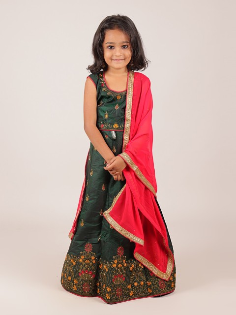 

Pothys Girls Green & Fuchsia Embroidered Thread Work Ready to Wear Lehenga Choli