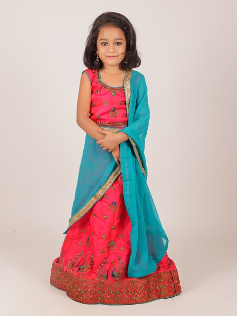 

Pothys Girls Pink & Blue Gold-Toned Embroidered Lehenga & Blouse with Dupatta