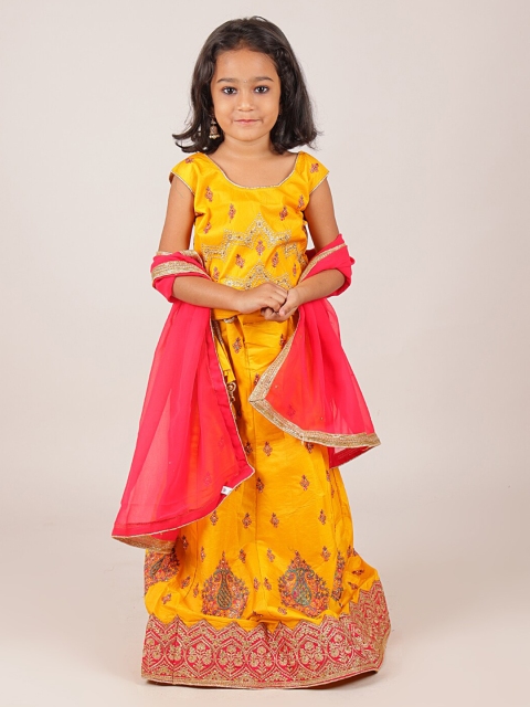 

Pothys Girls Yellow & Pink Embellished Beads and Stones Lehenga & Blouse With Dupatta