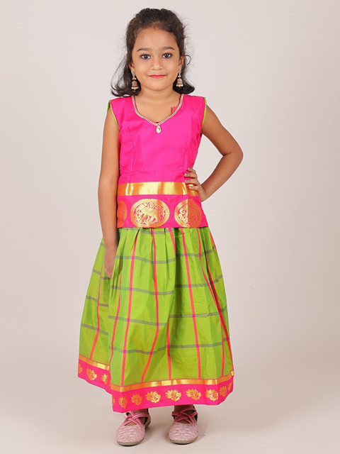 

Pothys Girls Pink & Green Ready to Wear Lehenga Choli