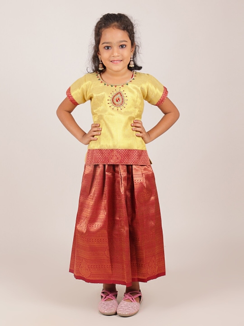 

Pothys Girls Gold-Toned & Maroon Embellished Beads and Stones Ready to Wear Lehenga &