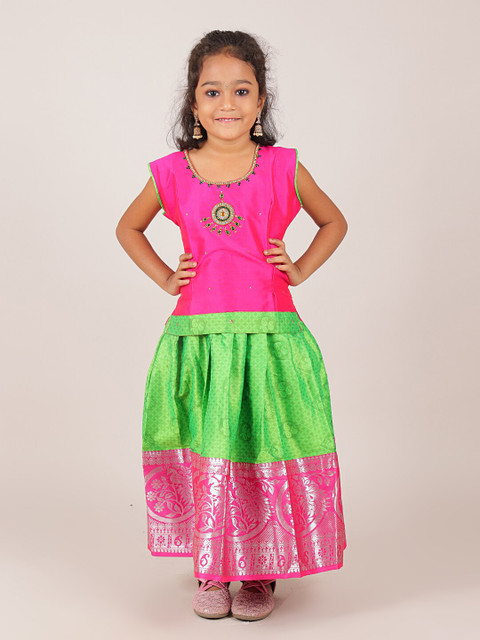 

Pothys Girls Pink & Green Embellished Beads and Stones Ready to Wear Lehenga Choli