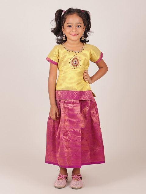 

Pothys Girls Gold-Toned & Magenta Embellished Beads and Stones Ready to Wear Lehenga