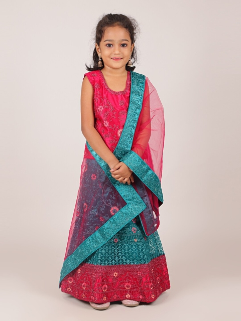 

Pothys Girls Pink & Blue Embroidered Lehenga & Blouse with Dupatta