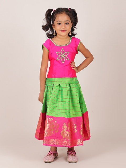 

Pothys Girls Pink & Green Embellished Beads and Stones Ready to Wear Lehenga &