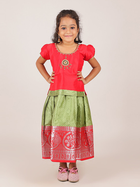 

Pothys Girls Red & Green Embellished Beads and Stones Ready to Wear Lehenga Choli