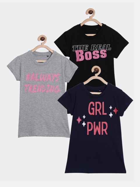 

SayItLoud Girls Pack of 3 Black & Grey Printed Round Neck Cotton T-shirt