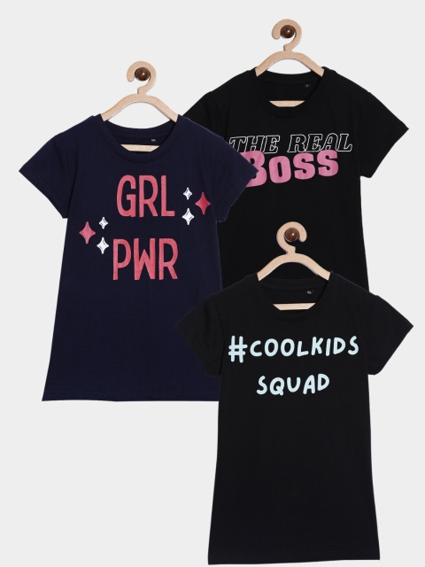 

SayItLoud Girls Black & Blue Pack of 3 Typography Printed Pure Cotton T-shirt