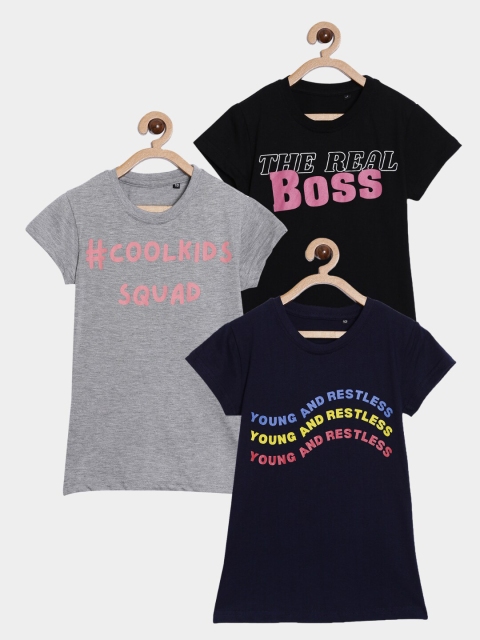 

SayItLoud Girls Black & Grey Typography Printed Cotton T-shirt Pack Of 3