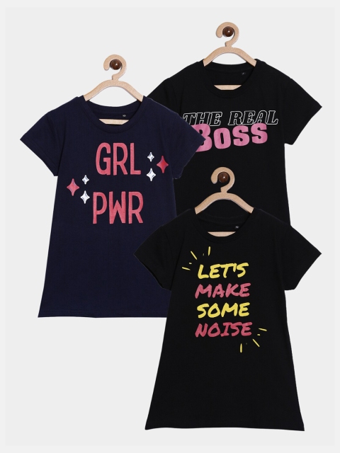 

SayItLoud Girls Pack of 3 Black Typography Printed T-shirt