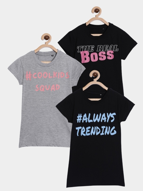 

SayItLoud Girls Black & Grey Pure Cotton Typography Pack of 3 Printed Applique T-shirt