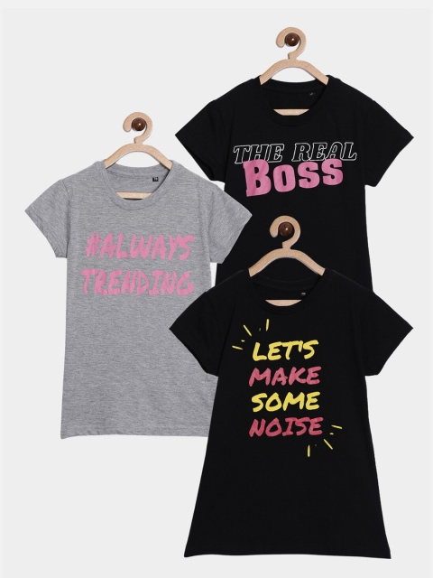 

SayItLoud Girls Black & Grey Pack of 3 Typography Printed Cotton Regular Fit T-shirt
