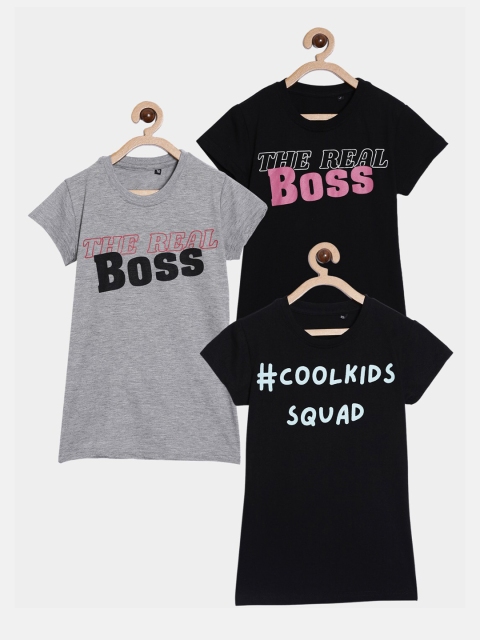 

SayItLoud Girls Black Pure Cotton Typography Pack of 3 Printed Applique T-shirt