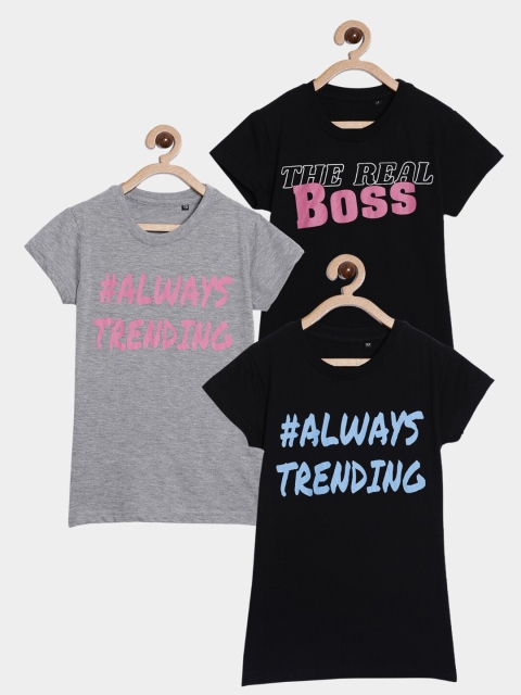 

SayItLoud Girls Black & Grey Typography 3 Printed T-shirt