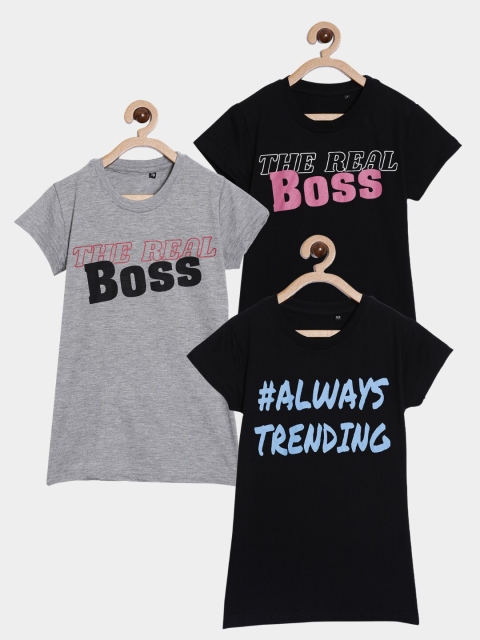 

SayItLoud Girls Pack of 3 Black Cotton Typography Printed T-shirt