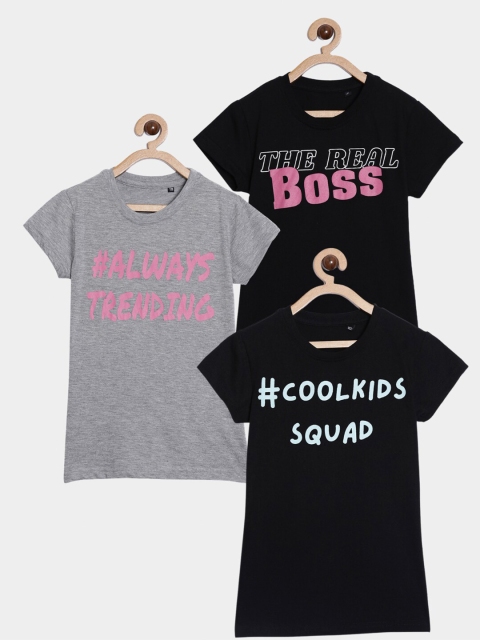 

SayItLoud Girls Multi Set of 3 Printed Cotton Tshirts, Black