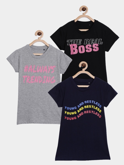 

SayItLoud Girls Pack Of 3 Black Typography Printed Pure Cotton Regular-Ft T-shirts