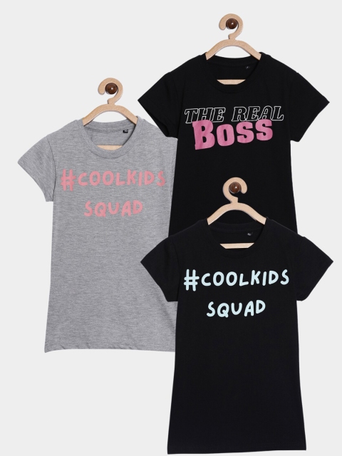 

SayItLoud Girls Black Typography 3 Printed Applique T-shirt
