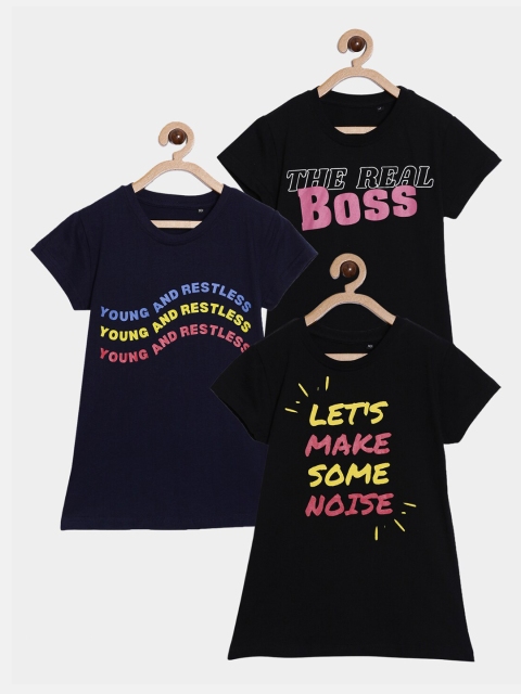 

SayItLoud Girls Pack of 3 Black & Navy Blue Printed Round Neck Cotton T-shirt