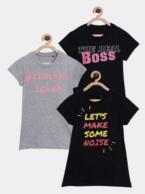 

SayItLoud Girls Black & Grey Typography Set Of 3 Printed Pure Cotton T-shirt