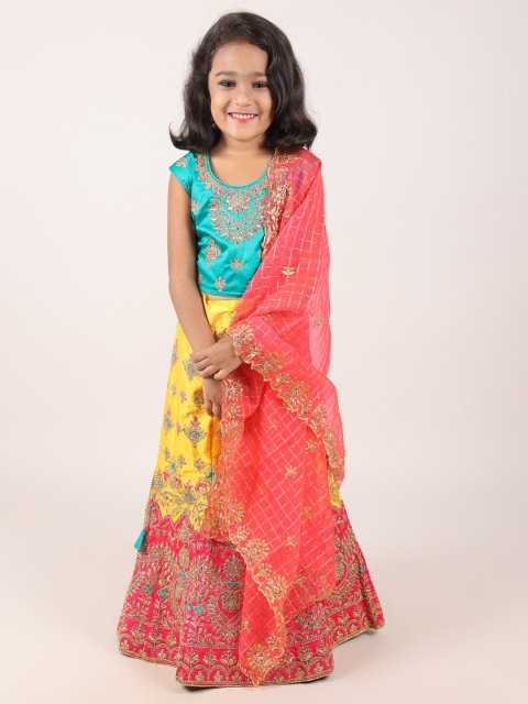 

Pothys Girls Green & Yellow Embroidered Ready To Wear Lehenga & Blouse with Dupatta