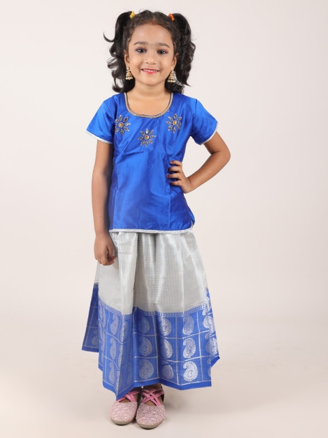 

Pothys Girls Blue & Silver-Toned Embellished Beads and Stones Ready to Wear Lehenga &
