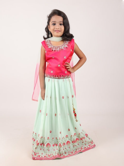 

Pothys Girls Pink & Green Embellished Ready To Wear Lehenga & Blouse with Dupatta