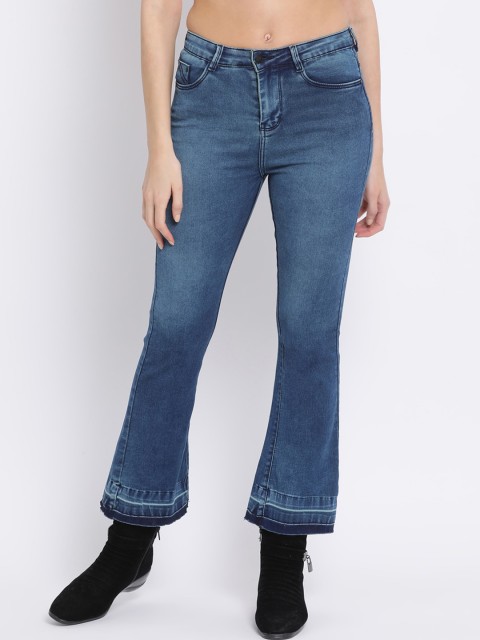 

Code 61 Women Navy Blue Flared High-Rise Light Fade Stretchable Winter Crop Jeans
