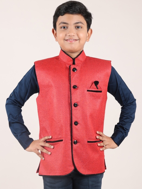 

Pothys Boys Red Solid Woven Nehru Jacket