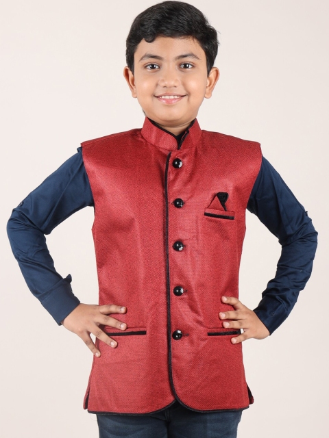 

Pothys Boys Maroon Solid Woven Nehru Jacket