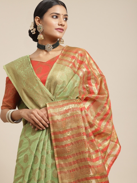 

Satrani Green & Gold-Toned Woven Design Zari Jacquard Banarasi Saree