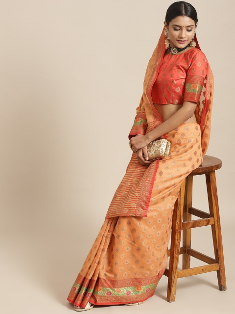 

Satrani Peach-Coloured Woven Design Zari Jacquard Banarasi Saree