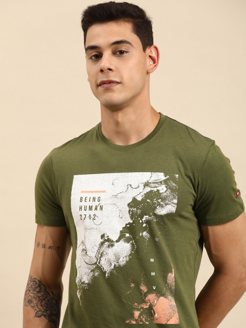 

Being Human Men Olive Green Printed Pure Cotton T-shirt