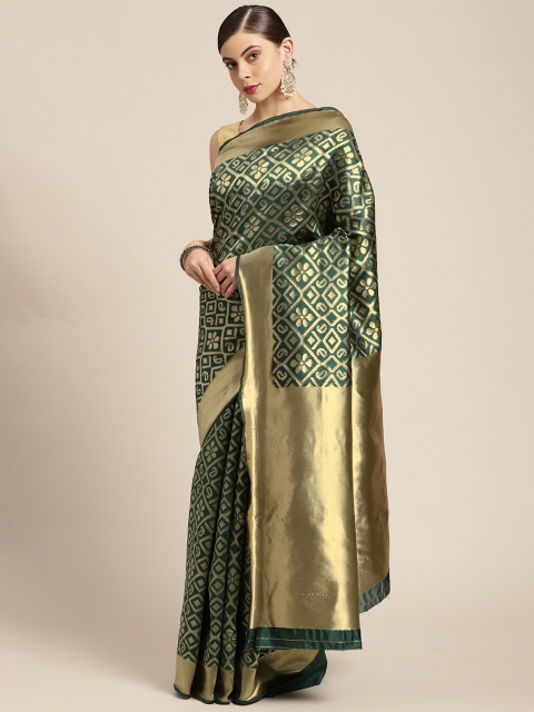 

KALINI Green & Gold-Toned Woven Design Zari Silk Blend Banarasi Saree