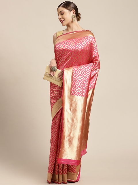 

KALINI Pink & Gold-Toned Woven Design Zari Silk Blend Kanjeevaram Saree