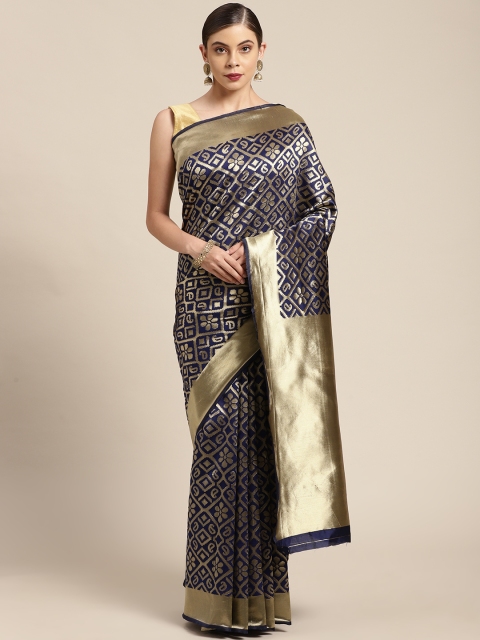 

KALINI Navy Blue & Gold-Toned Woven Design Zari Silk Blend Banarasi Saree