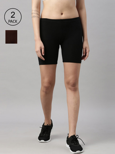 

GOLDSTROMS Women Pack of 2 Black and Coffee Brown 4-Way Stretch Cycling Sports Shorts
