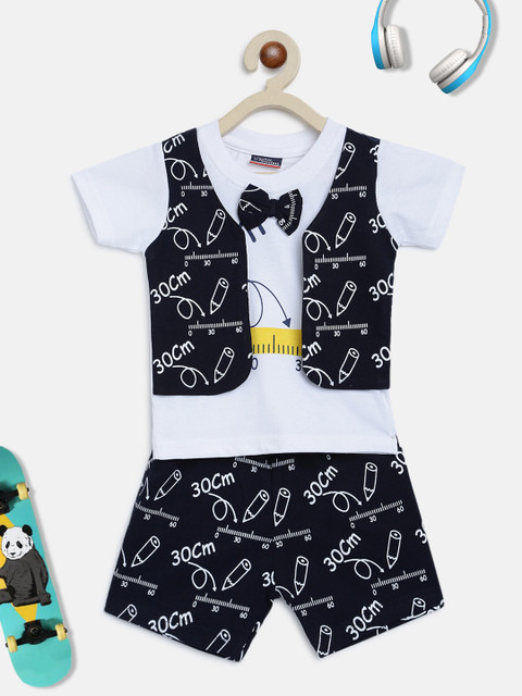 

Lil Tomatoes Kids Navy Blue & White Printed Cotton T-shirt with Shorts with Waistcoat