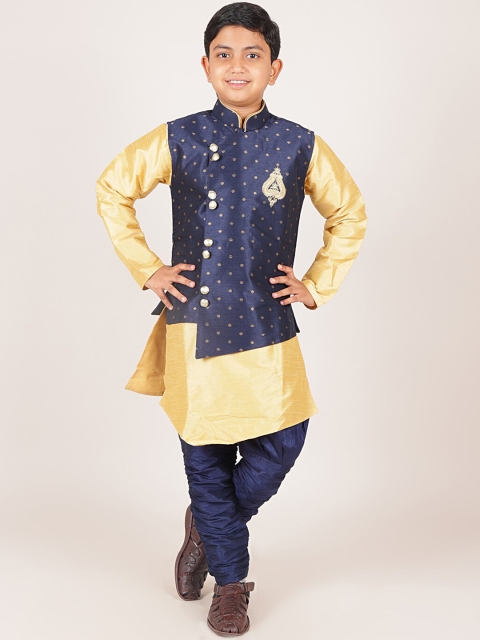 

Pothys Boys Blue Jacquard Kurta with Churidar & Nehru Jacket