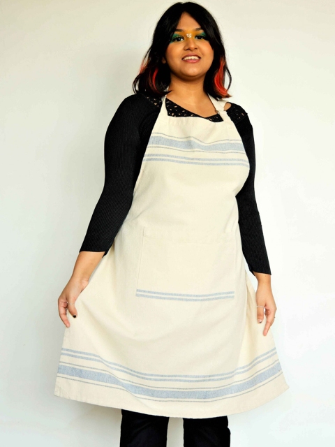 

Ariana Unisex Cream-Coloured & Blue Striped Cotton Apron